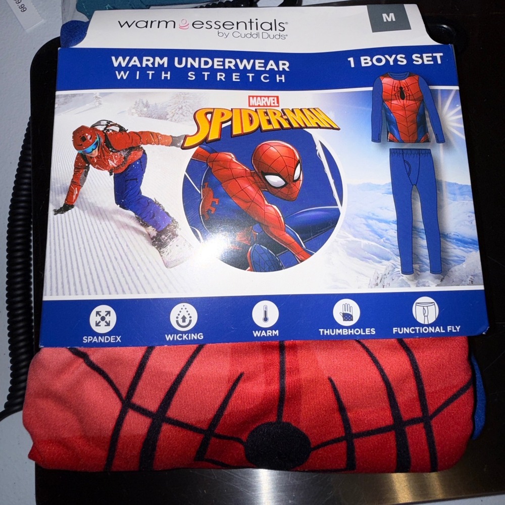 Warm Essentials Cuddl Duds Spider-Man Boys M 8/10 NEW Thermal Underwear Set